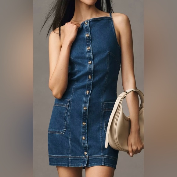 NWT Anthropologie Maeve High Square Neck Button Front Denim Mini Dress Sz large - Picture 1 of 14